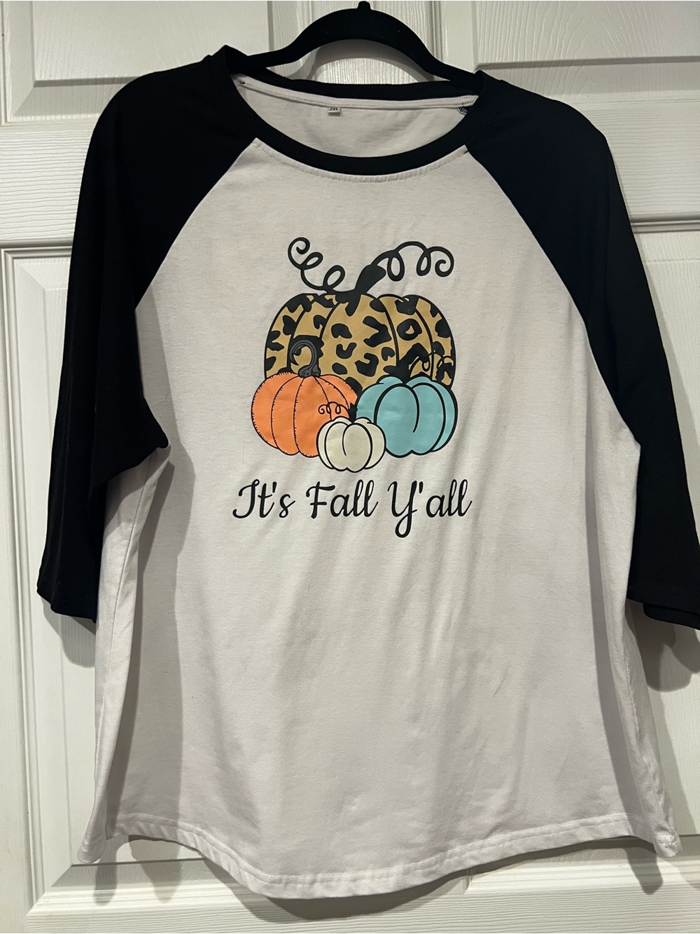 Women’s 2XL “It's Fall Y'all' Raglan Tee - Black/White with Autumn Pumpkins